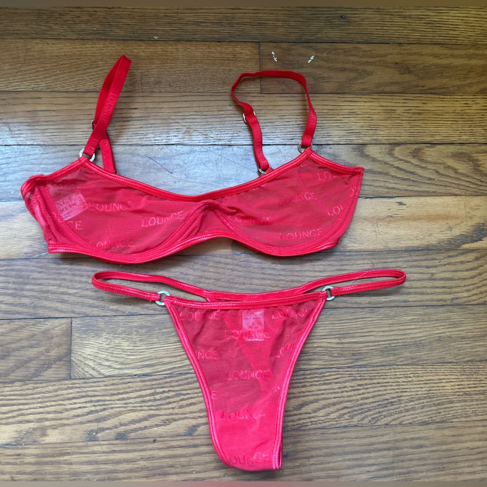 Lounge Mesh Bralette and Thong - Red